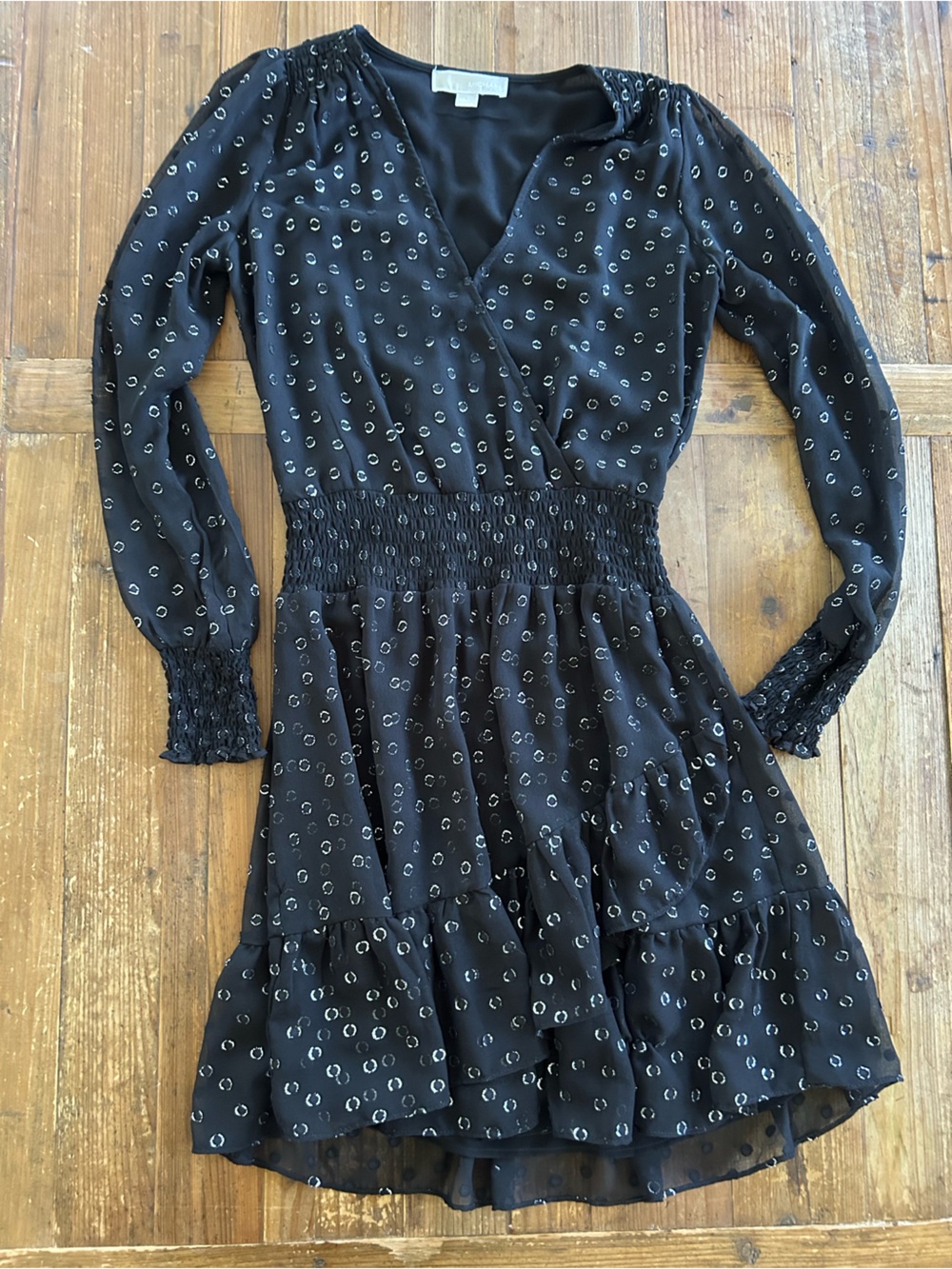 Michael Kors Black Off-Shoulder Mini Dress with Silver Dot Print